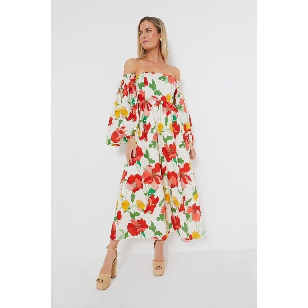 Hyacinth House Marigold Floral Off-The-Shoulder MaxiDress Cotton Puff Sleeve XXS